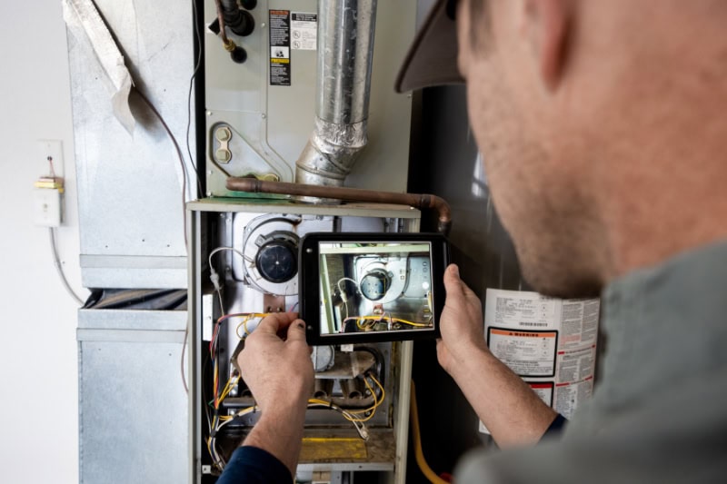 3 Tips to Getting the Most From Your HVAC Warranty. Image is a photograph of a man taking a photo of the inside of an air conditioning unit on his smart phone.