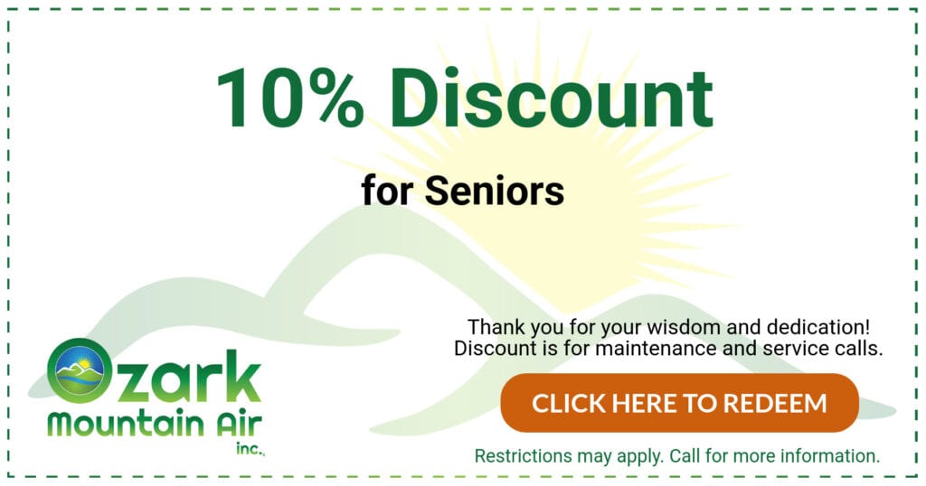 Ozark Mountain Air discount coupon for 10% off to seniors. Call 479-521-2370 for details.