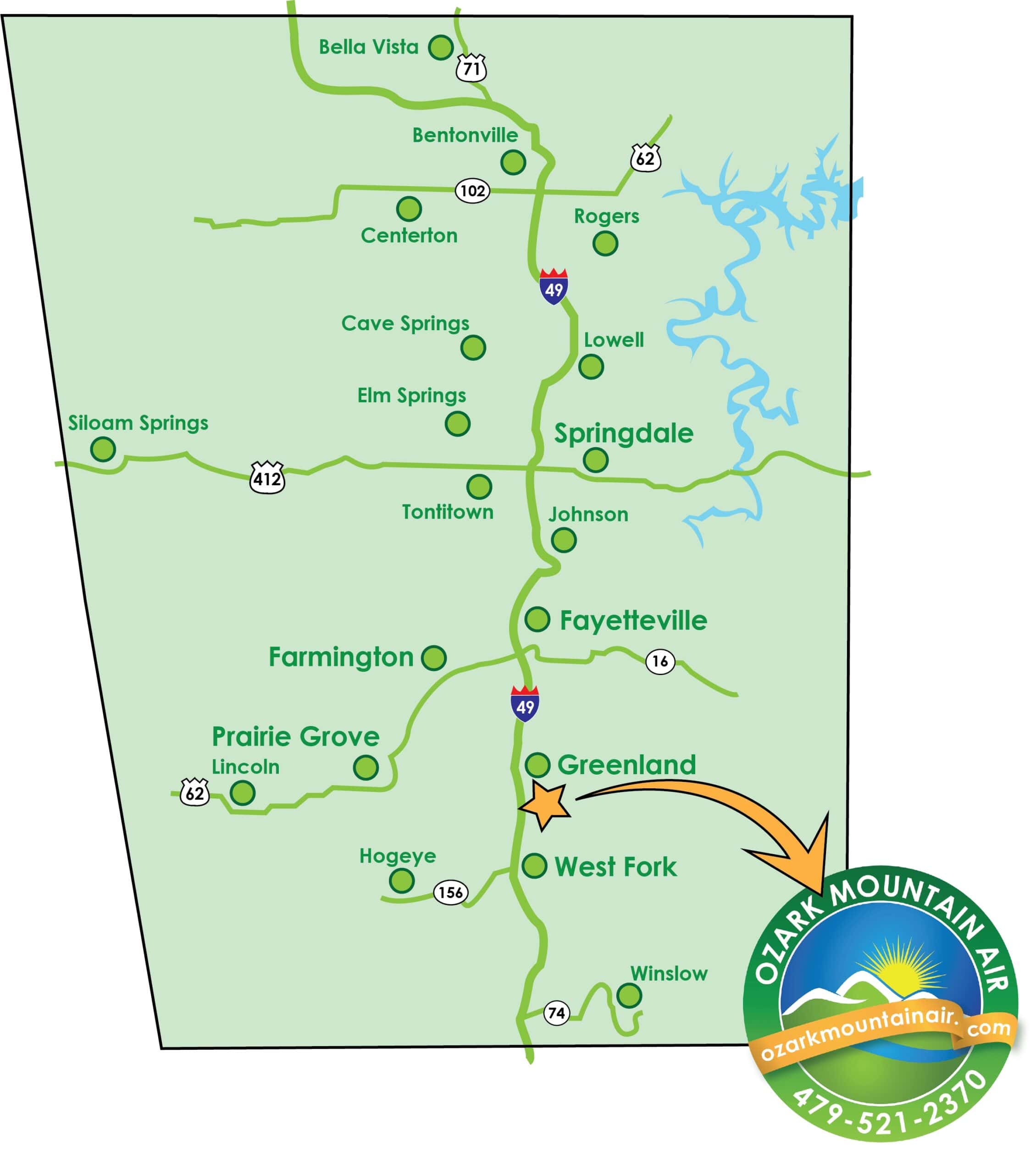 Ozark Mountain Air service area, covering Fayetteville, Washington County, AR, and the surrounding areas.